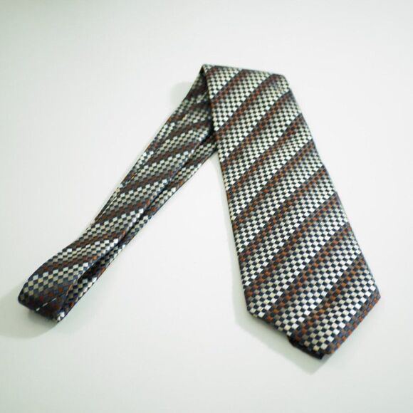 XMI Platinum Brown Gradient Geometric Woven Striped Wide Silk Tie Italy USA - Picture 7 of 7